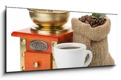 Obraz 1D panorama - 120 x 50 cm F_AB55881191 - cup of coffee and beans on white