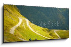 Sklenn obraz 1D panorama - 120 x 50 cm F_AB57603735 - Landscape with mountain road and two motorbikes