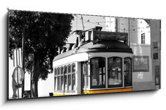 Obraz 1D panorama - 120 x 50 cm F_AB57716715 - Lisbon old yellow tram over black and white background