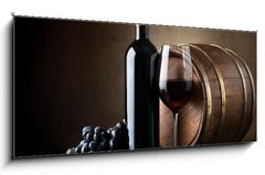 Sklenn obraz 1D panorama - 120 x 50 cm F_AB58889785 - Red wine and wooden barrel