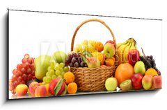 Obraz 1D panorama - 120 x 50 cm F_AB58933101 - Assortment of exotic fruits in basket isolated on white - Sortiment exotickch ovoce v koi izolovanch na blm