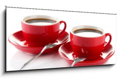 Skleněný obraz 1D panorama - 120 x 50 cm F_AB61102564 - Red cups of strong coffee isolated on white - Červené šálky silné kávy izolovaných na bílém