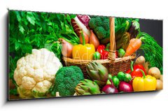 Obraz 1D panorama - 120 x 50 cm F_AB61518085 - Raw vegetables in wicker basket on wooden table - Surov zeleniny v proutnm koi na devnm stole