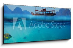 Obraz 1D panorama - 120 x 50 cm F_AB61530443 - Tropical underwater shot splitted with ship and sky - Tropick podvodn vstel rozdlen lod a oblohou