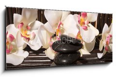 Obraz   Massage stones and orchid flowers on bamboo, 120 x 50 cm