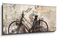 Sklenn obraz 1D panorama - 120 x 50 cm F_AB62780970 - Little Children on a Bicycle Mural. - Mal dti na nstnn malb na kole.