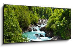 Obraz 1D panorama - 120 x 50 cm F_AB63640355 - Vivid Swiss landscape with  pure river stream