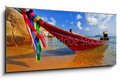 Sklenn obraz 1D panorama - 120 x 50 cm F_AB6382475 - Traditional Thai Longtail boat on the beach