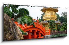 Sklenn obraz 1D panorama - 120 x 50 cm F_AB63996525 - The Golden pavilion and red bridge in Nan Lian Garden, Hong Kong - Zlat pavilon a erven most v Nan Lian Garden, Hong Kong