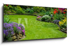 Sklenn obraz 1D panorama - 120 x 50 cm F_AB64923013 - Gartenansicht mit Rasen und Bepflanzung - Vhled do zahrady s trvnkem a vsadbou