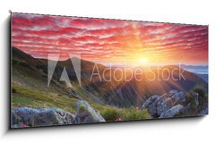 Skleněný obraz 1D panorama - 120 x 50 cm F_AB66580383 - Dawn with flowers in the mountains - Úsvit s květinami v horách