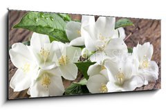Obraz 1D panorama - 120 x 50 cm F_AB66646969 - Jasmine flowers over old wooden table.