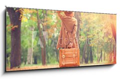 Obraz 1D panorama - 120 x 50 cm F_AB69484488 - Redhead girl with suitcase in the autumn park.