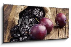Skleněný obraz 1D panorama - 120 x 50 cm F_AB70640969 - Prunes with plums in small sack - Slivky se švestkami v malém pytli