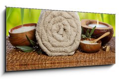 Obraz 1D panorama - 120 x 50 cm F_AB70800084 - Spa background with rolled towel, bamboo and candlelight