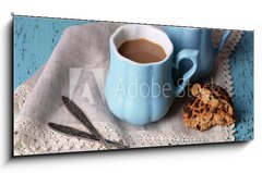 Obraz 1D panorama - 120 x 50 cm F_AB71101894 - Cups of coffee with cookies and napkin on wooden table - lek kvy s cookies a ubrousek na devnm stole