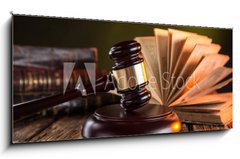 Obraz 1D panorama - 120 x 50 cm F_AB71289049 - Wooden gavel and books on wooden table, law concept - Devn palika a knihy na devnm stole, koncept prva