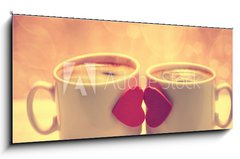Obraz 1D panorama - 120 x 50 cm F_AB71449240 - Two coffee cups with red hearts as a kissing lips