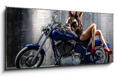 Skleněný obraz 1D panorama - 120 x 50 cm F_AB72381974 - Young sexy woman sitting on motorcycle. - Mladá sexy žena sedící na motorce.