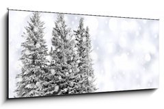 Obraz 1D panorama - 120 x 50 cm F_AB73206614 - Snowy trees with twinkling silver background and snowflakes