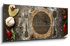 Obraz 1D panorama - 120 x 50 cm F_AB73223520 - Spices on table with cutlery silhouette, close-up