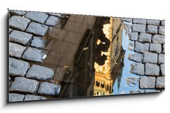 Sklenn obraz 1D panorama - 120 x 50 cm F_AB73939709 - Astronomical clock in Prague in puddle