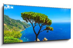 Skleněný obraz 1D panorama - 120 x 50 cm F_AB74374074 - Summer landscape and ornamental garden,Ravello,Amalfi,Italy - Letní krajina a ozdobná zahrada, Ravello, Amalfi, Itálie