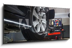 Sklenn obraz 1D panorama - 120 x 50 cm F_AB74461674 - Car on stand with sensors on wheels for wheels alignment camber
