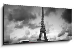 Obraz 1D panorama - 120 x 50 cm F_AB76327230 - Effel Tower, Paris, France and retro red car. Black and white