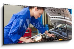 Obraz 1D panorama - 120 x 50 cm F_AB76966308 - Mechanic examining under hood of car with torch - Mechanik zkoum pod kapotou auta s hokem