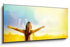 Sklenn obraz 1D panorama - 120 x 50 cm F_AB77938326 - Free Happy Woman Enjoying Nature. Beauty Girl Outdoor.