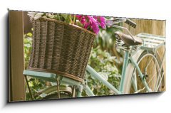 Obraz 1D panorama - 120 x 50 cm F_AB77974542 - Vintage bicycle with flowers in basket - Vintage kolo s kvtinami v koku