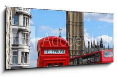 Obraz 1D panorama - 120 x 50 cm F_AB78676038 - Telephone box, Big Ben and double decker bus in London