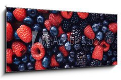 Skleněný obraz 1D panorama - 120 x 50 cm F_AB78821273 - blueberies, raspberries and black berries shot top down - blueberies, maliny a černé bobule zastřelené shora dolů