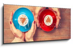 Obraz 1D panorama - 120 x 50 cm F_AB79045228 - Women and man holding cups of coffee