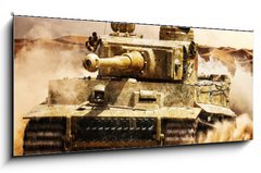 Sklenn obraz 1D panorama - 120 x 50 cm F_AB80029249 - Enemy tanks moving in the desert - Neptelsk tanky pohybujc se v pouti