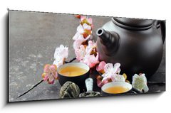 Obraz 1D panorama - 120 x 50 cm F_AB81681055 - tea set (teapot, cups and different green tea)