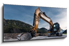 Sklenn obraz 1D panorama - 120 x 50 cm F_AB81767487 - view to huge orange mechanical shovel excavator on gravel - pohled na obrovsk oranov mechanick lopatov rypadlo na trku