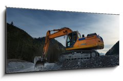 Obraz 1D panorama - 120 x 50 cm F_AB81767537 - sideview of huge orange shovel excavator digging in gravel - bon pohled na obrovsk bagr oranov lopaty kopn trku