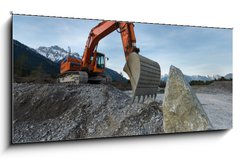 Obraz 1D panorama - 120 x 50 cm F_AB81767561 - huge shovel excavator standing on gravel hill with stone rock - obrovsk lopatov rypadlo stojc na trkovm kopci s kamennou sklou