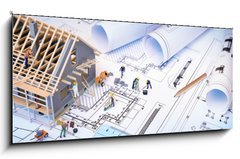 Skleněný obraz 1D panorama - 120 x 50 cm F_AB81873311 - house under construction on blueprints - building project - dům ve výstavbě na plánech