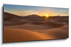 Obraz 1D panorama - 120 x 50 cm F_AB89984904 - view of Erg Chebbi Dunes -  Sahara Desert - at sunrise, in Moroc - pohled na Erg Chebbi Dunes