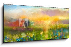 Sklenn obraz 1D panorama - 120 x 50 cm F_AB90987549 - Oil painting  flowers dandelion, cornflower, daisy in fields. Sunset  meadow landscape with wildflower, hill and sky in orange and blue color background. Hand Paint summer floral Impressionist style
