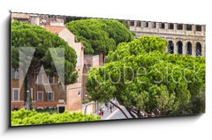 Obraz 1D panorama - 120 x 50 cm F_AB94095592 - Exterior view of the Colosseum in Rome with green trees around.