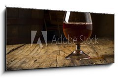 Sklenn obraz 1D panorama - 120 x 50 cm F_AB94348005 - Glass white wine and bunch grapes on background of wooden 