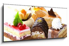 Obraz 1D panorama - 120 x 50 cm F_AB96319616 - Assorted different mini cakes with cream, chocolate and berries - Rozmanit mini kole se smetanou, okoldou a bobulemi