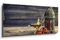 Sklenn obraz 1D panorama - 120 x 50 cm F_AB97000675 - Ramadan lamp and dates on wooden background. Oriental lantern - Ramadn lampa a data na devn pozad. Orientln lucerna