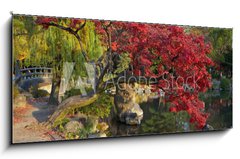 Sklenn obraz 1D panorama - 120 x 50 cm F_AB9821471 - summer japanese landscape with pond and trees