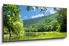 Sklenn obraz 1D panorama - 120 x 50 cm F_AB9878015 - summer landscape with river and blue sky - letn krajina s ekou a modrou oblohou