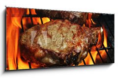 Sklenn obraz 1D panorama - 120 x 50 cm F_AB9960403 - Grilled Steaks - Grilovan steaky